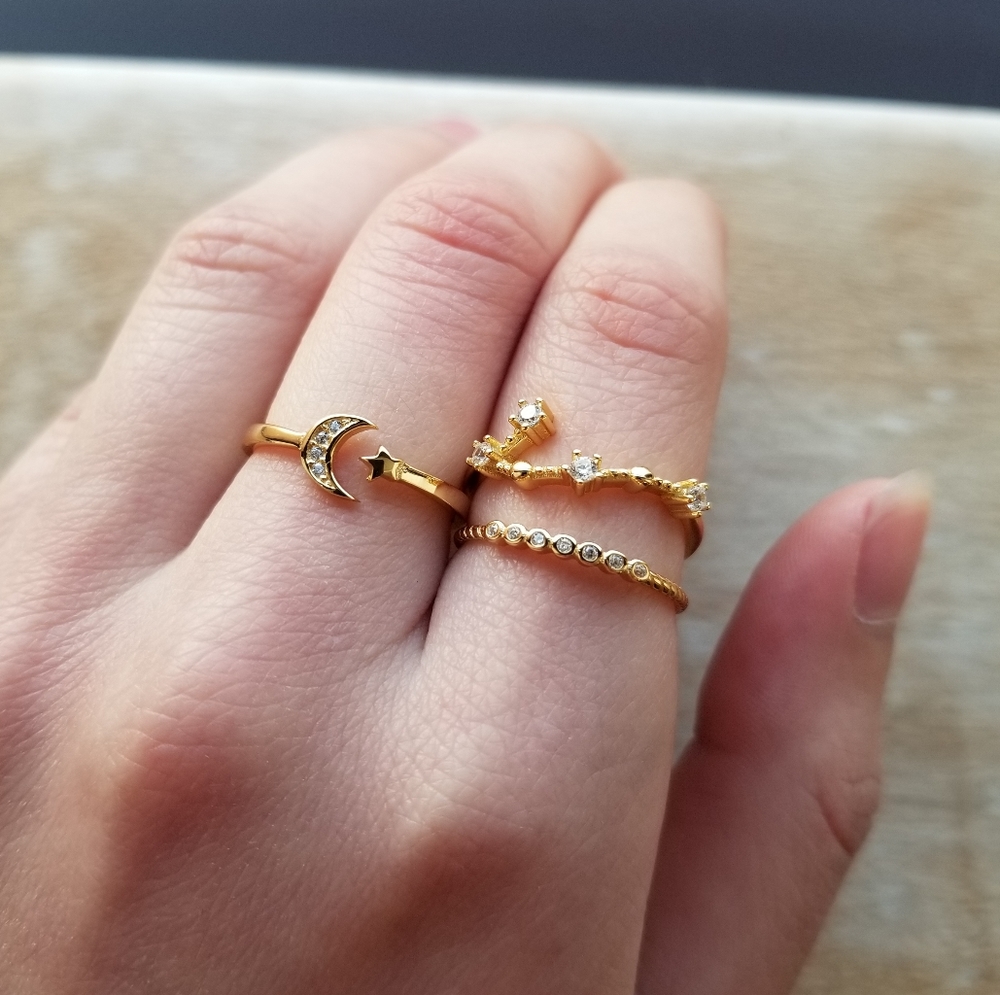 14k Gold Moon & Stars Ring Set
